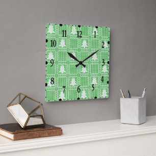 Cosy Christmas tree ugly sweater chequered pattern Square Wall Clock