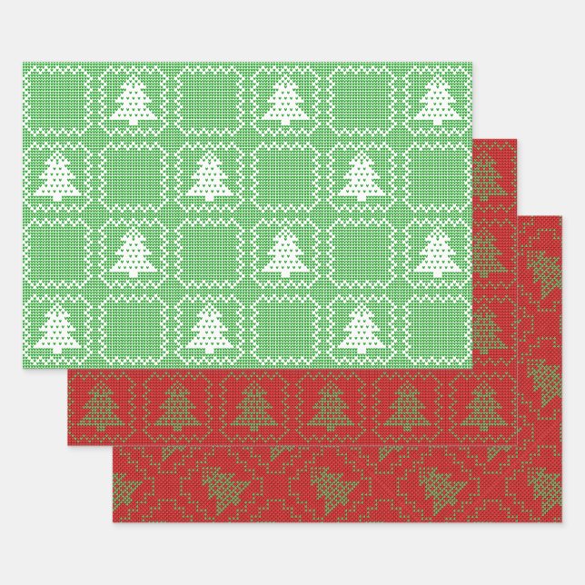 Cosy Christmas tree ugly sweater chequered pattern Wrapping Paper Sheet (Set)