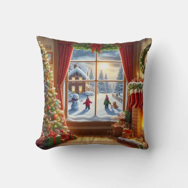 Cosy Christmas Window Scene Cushion (Front)