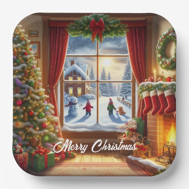 Cosy Christmas Window Scene Paper Plate (Front)