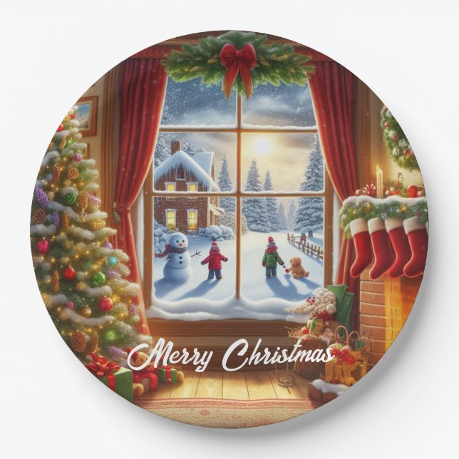 Cosy Christmas Window Scene Paper Plate (Front)