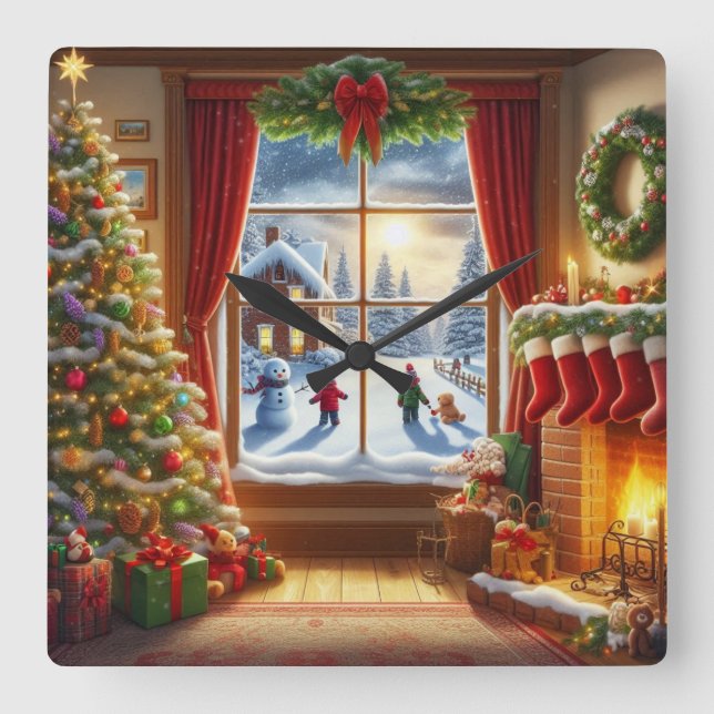 Cosy Christmas Window Scene Square Wall Clock (Front)