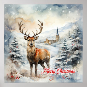 Cosy Christmas winter scene with reindeer Poster