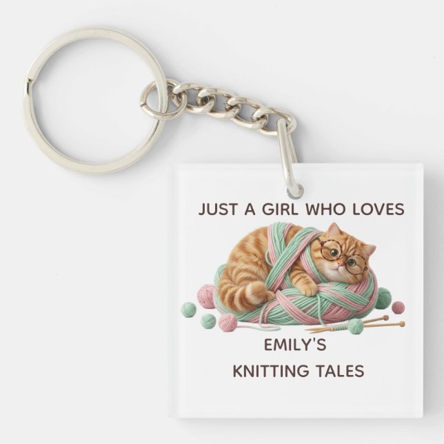 Cosy Chunky Knit Cat Custom Name Acrylic Keychain (Front)