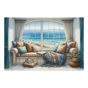 Cosy Coastal Window Seat Cottagecore Poster