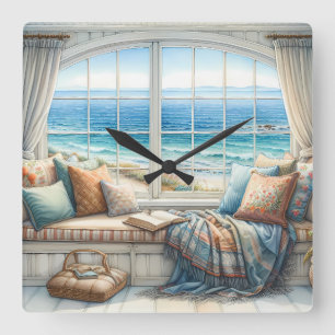 Cosy Coastal Window Seat Cottagecore Square Wall Clock