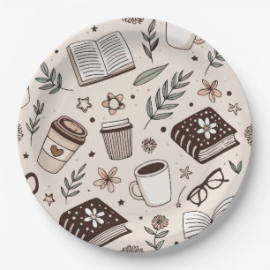 Cosy Coffee & Book Pattern Neutral Aesthetic Paper Plate