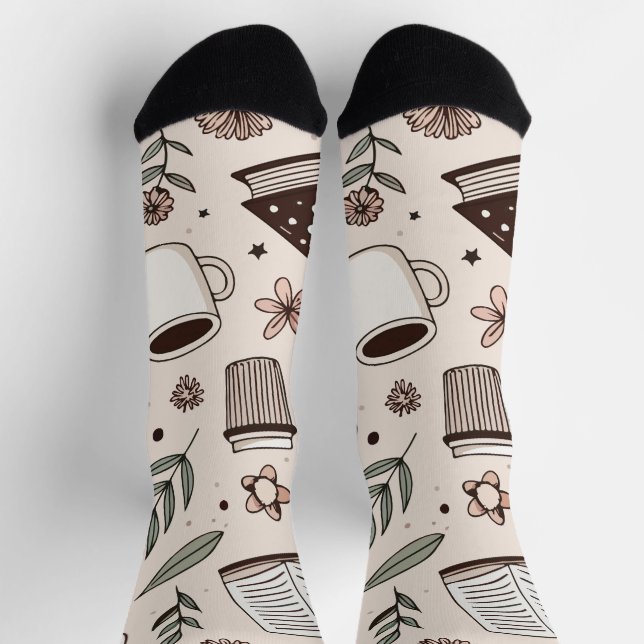 Cosy Coffee & Book Pattern Neutral Aesthetic Socks (Top)