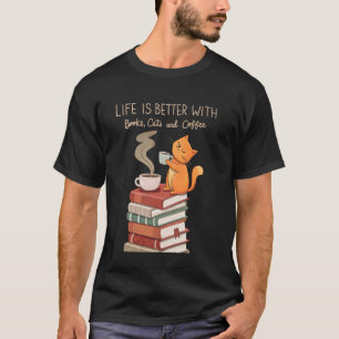 Cosy Coffee Cats Books Cute Cat Lover Teacher Libr T-Shirt