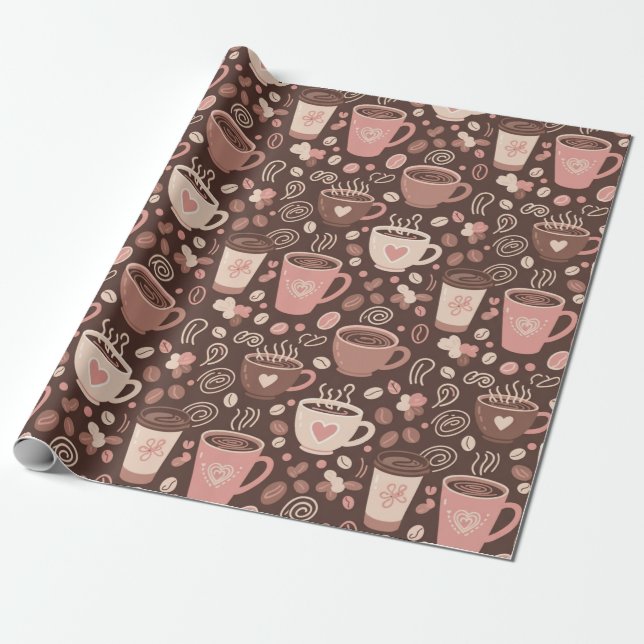Cosy Coffee Cup Pattern (2) Wrapping Paper (Unrolled)