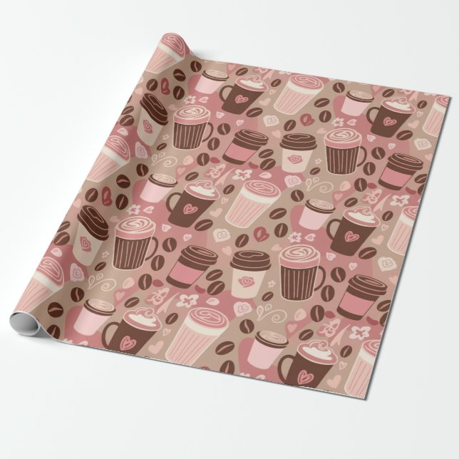 Cosy Coffee Cup Pattern (5) Wrapping Paper (Unrolled)