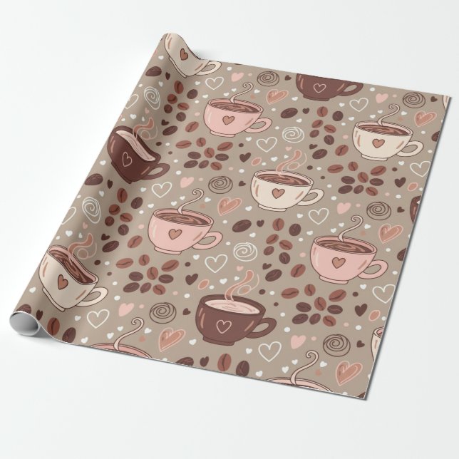 Cosy Coffee Cup Pattern (8) Wrapping Paper (Unrolled)