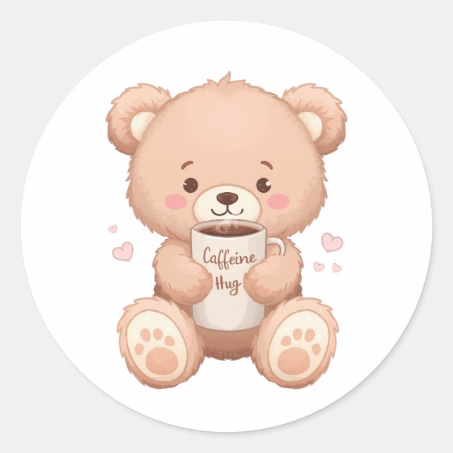Cosy Coffee Loving Bear Illustration Classic Round Sticker (Front)