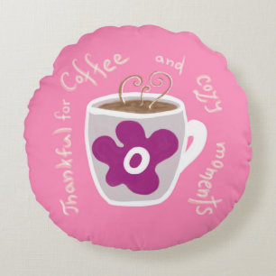 Cosy coffee mug with large flower and quote round cushion