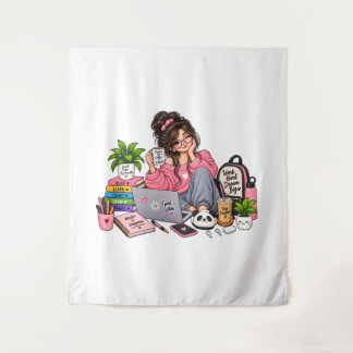 Cosy Coffee Study Girl – Work Hard Dream Big Tapestry