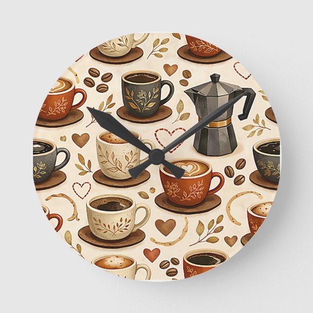 Cosy Coffee Time - Warm Aesthetic Seamless Pattern Round Clock (Front)