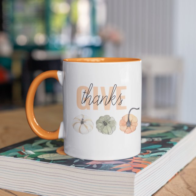 Cosy Colourful Pastel Give Thanks and Pumpkin Two-Tone Coffee Mug (Creator Uploaded)