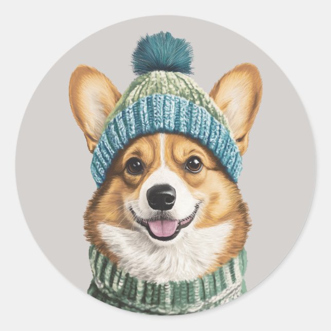 Cosy Corgi in Winter Gear Classic Round Sticker (Front)