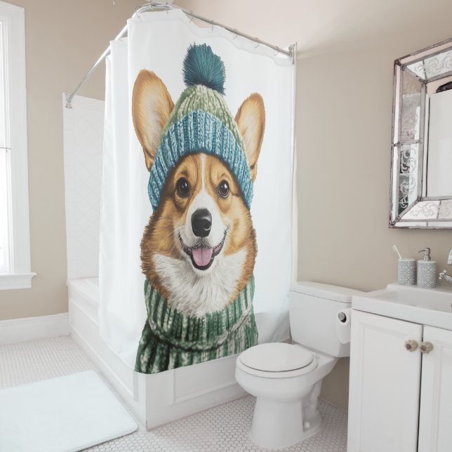 Cosy Corgi in Winter Gear Shower Curtain (In Situ)