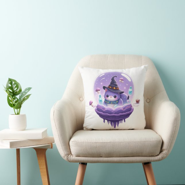 Cosy Cosmic Witch Cat Galaxy Throw Pillow (Chair)