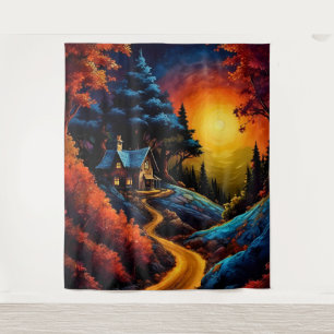 Cosy Cottage at Christmas Under a Glowing Moonlit  Tapestry
