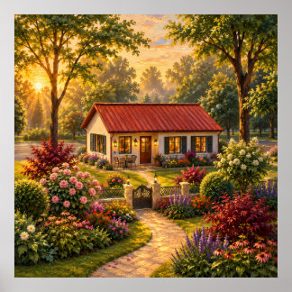 Cosy Cottage Garden at Sunset Oil Painting Print