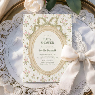 Cosy Cottage Green Bow Frame Baby Shower Invitation