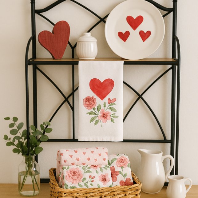 Cosy Cottage Heart and Roses  Tea Towel (Add romantic charm to your kitchen with Valentine’s Day towels featuring hearts, and roses)
