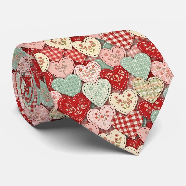Cosy Cottage Patchwork Heart Plaid Design Tie (Rolled)