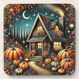 Cosy Cottage With Festive Pumpkins Coaster
