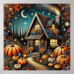 Cosy Cottage With Festive Pumpkins Poster