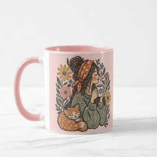 Cosy Cottagecore Cat & Coffee Ceramic Mug