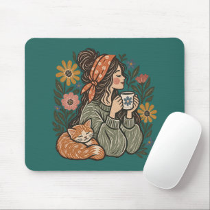 Cosy Cottagecore Cat & Coffee Desk Mouse Pad