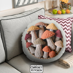 Cosy Cottagecore Crochet Mushroom Basket  Round Cushion