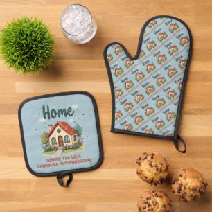 Cosy Cottagecore Home Whimsical House Art Oven Mitt & Pot Holder Set