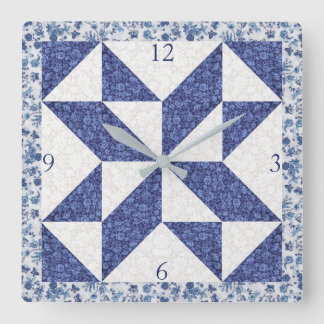 Cosy Country Blue White Calico Faux Quilt Square  Wall Clock