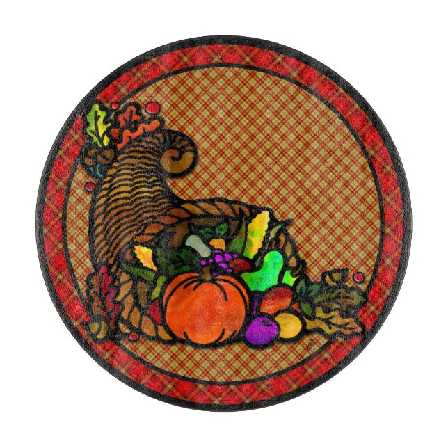Cosy Country Cornucopia on Plaid Charcuterie Board (Front)