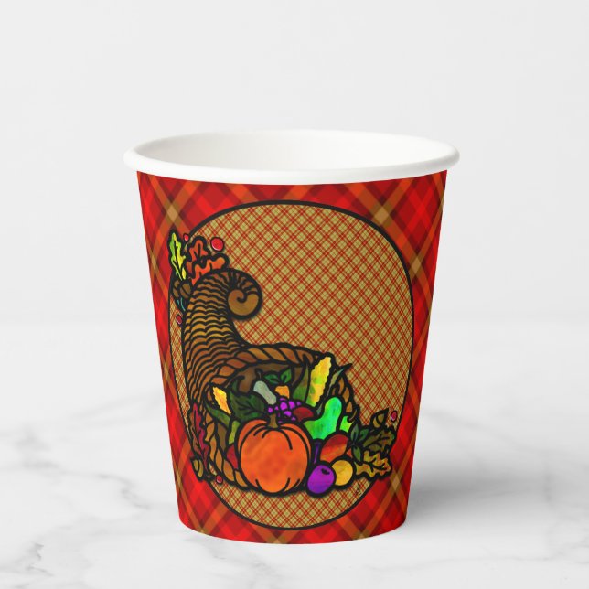 Cosy Country Cornucopia on Plaid Paper Cups (Front)
