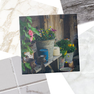 Cosy country cottage porch adorned with flowers ceramic tile