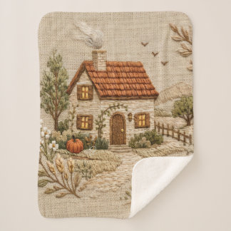 Cosy Countryside Cottage – Rustic Embroidery Style Sherpa Blanket
