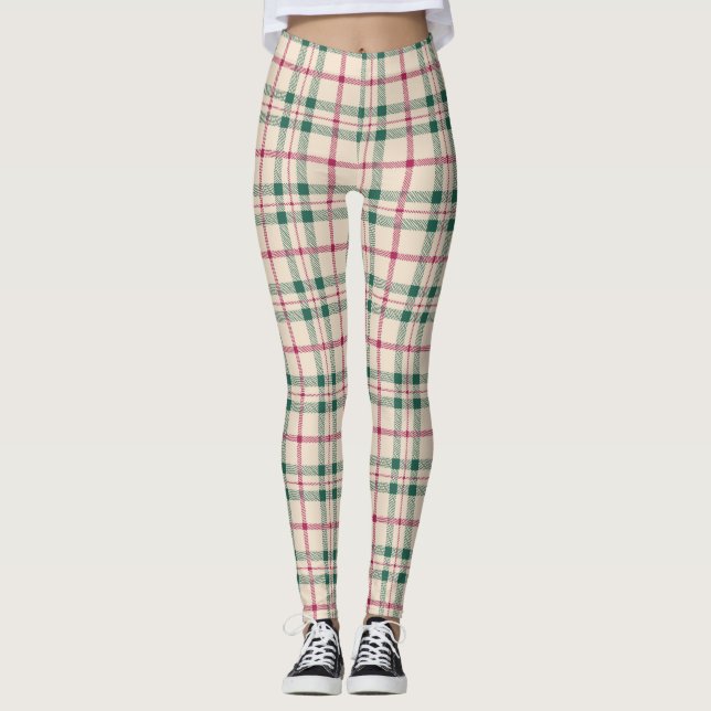 Cosy Cream Tartan Plaid Pink & Green Checks Leggings (Front)
