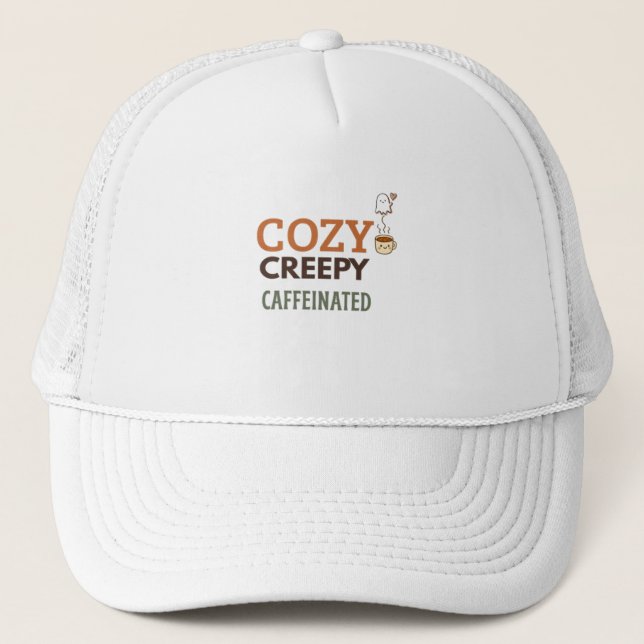 Cosy Creepy & Caffeinated Halloween Coffee Fall  Trucker Hat (Front)