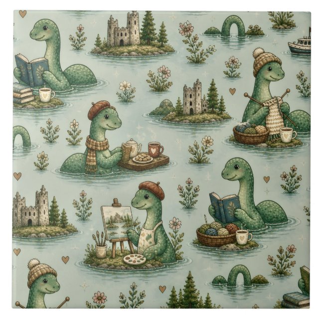 Cosy Cryptids Nessie Loch Ness Monster hobbies  Ceramic Tile (Front)
