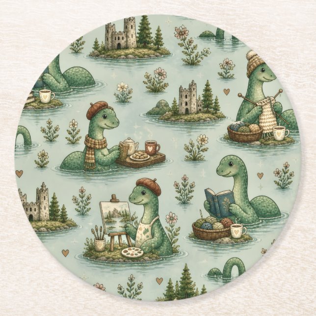 Cosy Cryptids Nessie Loch Ness Monster hobbies  Round Paper Coaster (Front)