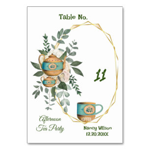 Cosy Cup Teapot Greenery Afternoon High Tea Party Table Number