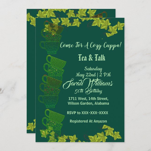 Cosy Cuppa Green Teacups Afternoon Tea 50 Birthday Invitation (Front/Back)