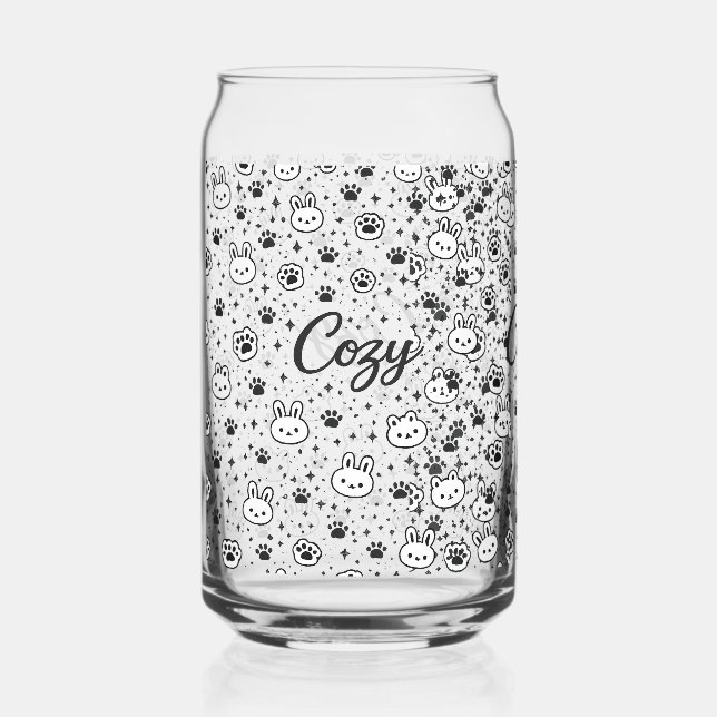 Cosy Cute Bunny and Cat Paw Pattern Can Glass (Front)