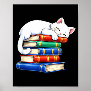 Cosy cute sleeping cat and books adorable bookworm poster