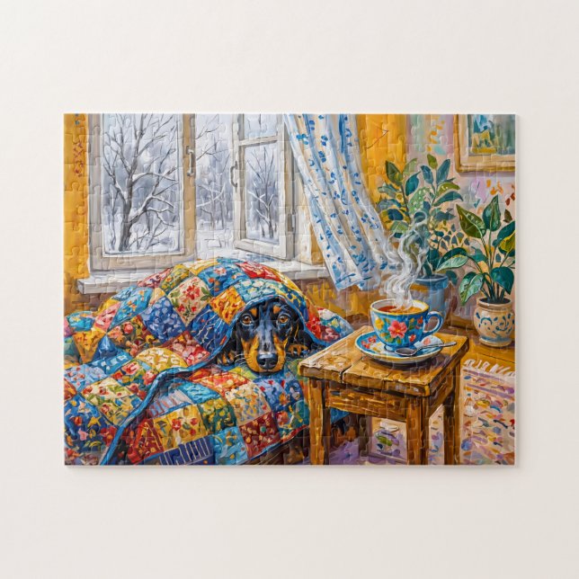 Cosy Dachshund Resting on Patchwork Winter Blanket Jigsaw Puzzle (Horizontal)