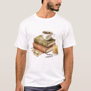 Cosy Dark Academia Books with Coffee Candle and Vi T-Shirt